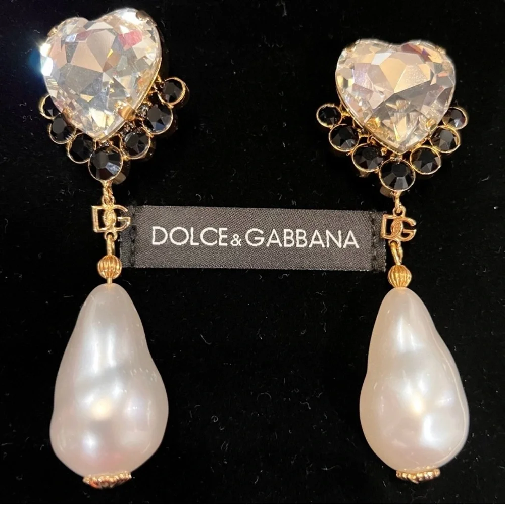 SOLD !!Dolce & Gabbana Crystal and Pearl Earrings with DG logo AUTHENTIC - Picture 1 of 5
